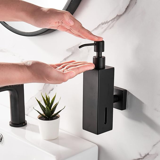 BATHSIR Matte Black Soap Dispenser, Refillable Shower Soap Dispenser Wall Mounted, Stainless Steel Clear Hand Soap Dispenser with Pump for Bathroom Kitchen Sink Dish (Square 200ML)