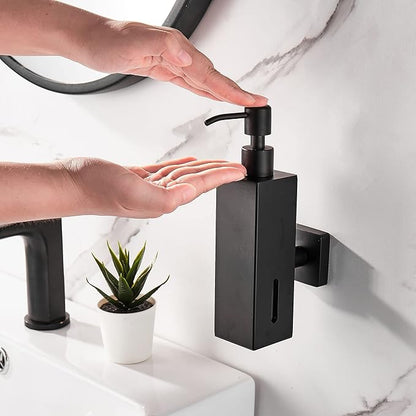 BATHSIR Matte Black Soap Dispenser, Refillable Shower Soap Dispenser Wall Mounted, Stainless Steel Clear Hand Soap Dispenser with Pump for Bathroom Kitchen Sink Dish (Square 200ML)