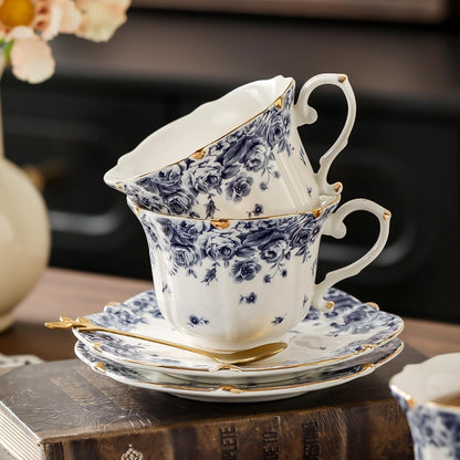 TATSUMI Country Roses Bone China Tea Cup and Saucer Set, 6 Pieces, Vintage Style, For Women and Tea Parties（sky blue，2 sets）
