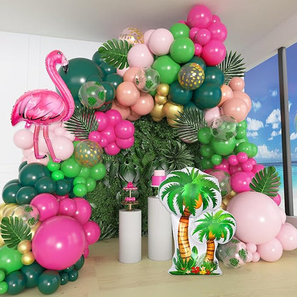 Amandir 165Pcs Flamingo Tropical Balloon Arch Garland Kit, Hot Pink Green Gold Foil Coconut Flamingo Balloons with Palm Leaves for Hawaiian Luau Aloha Summer Beach Tropical Birthday Party Decorations
