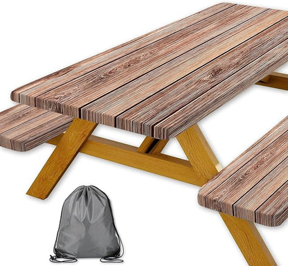 Picnic Table Cover with Bench Covers Camping Essentials Farmhouse Outdoor Table Covers Wood Grain Waterproof Windproof Fitted Tablecloth Cover with Elastic Edge for Indoor & Outdoor 3 PCS 30x60 Inch