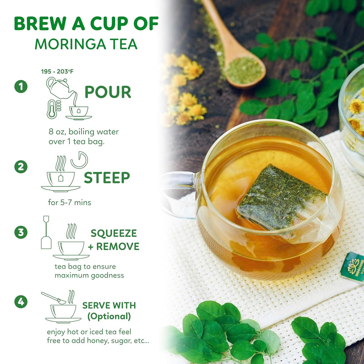 Indochine Blends, 50 Tea Bags, Hibiscus Tea Bags for High Blood Pressure, Herbal Tea Bags, Caffeine-Free, No Sugar, Vegan, Supports Heart Health and Relaxation, Loose Hibiscus Flowers, All Natural Hibiscus Flowers Ingredients (50 Tea Bags, Moringa Tea)