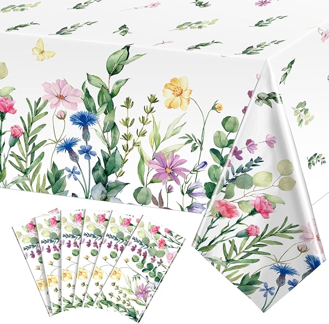Breling 6 Pieces Wildflower Tablecloths Watercolor Floral Table Cover Wild Flower Plastic Tablecloth for Holiday Birthday Tea Party Weeding Baby Shower Decor, 54 x 108 Inch (Vivid Style)