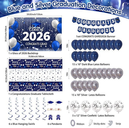 Graduation Decorations 2026, Graduation Decorations Class of 2026 Blue and Silver Congrats Grad Backdrop Tablecloths Banner Balloons for Graduation Party Decorations 2026 Graduation Decor