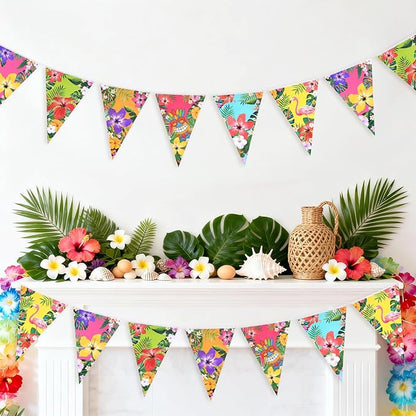 jijAcraft 4 Pack Hawaiian Bunting Banners - Pre-strung Tropical Flowers Triangle Pennant Banner with Flamingo, Floral Luau Party Decor for Hawaiian Tropical Pool Summer Tiki Beach Aloha Party Decor