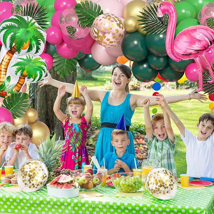 Amandir 165Pcs Flamingo Tropical Balloon Arch Garland Kit, Hot Pink Green Gold Foil Coconut Flamingo Balloons with Palm Leaves for Hawaiian Luau Aloha Summer Beach Tropical Birthday Party Decorations
