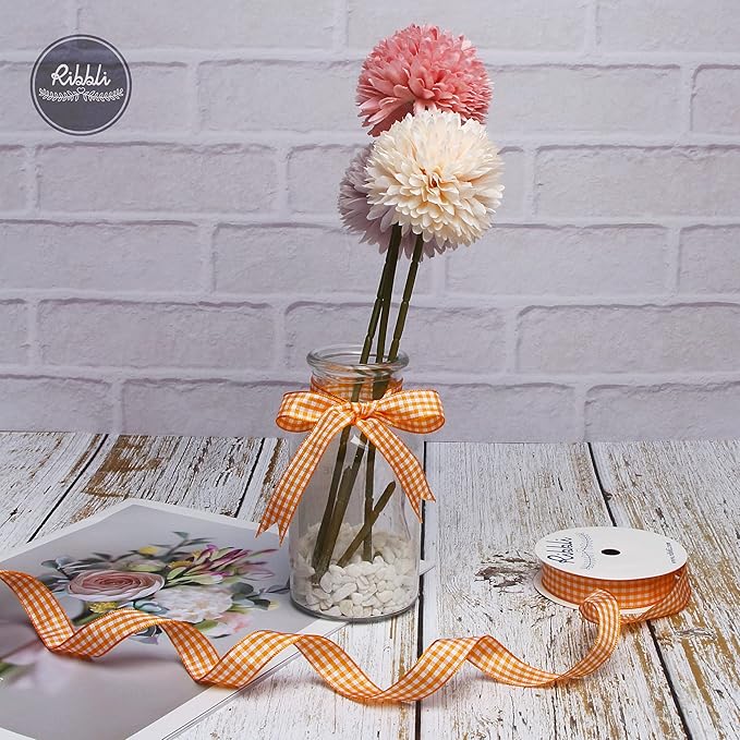Ribbli Orange and White Gingham Ribbon,100% Polyester Woven Edge,5/8 Inch x 10 Yard,Plaid Ribbon Use for Gift Wrapping,Floral Design,Hair Bows