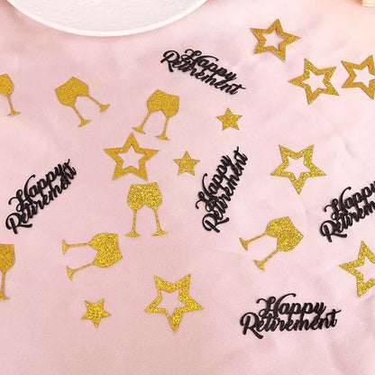 200pcs Happy Retirement Confetti, Black & Gold Table Confetti for Retirement Party Decorations Glitter Star Table Scatter for Office Farewell Party Celebration Decor Men Gifts Cake Centerpieces