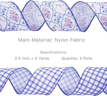 LaRibbons Floral Ribbon Wired 2.5 Inch x 6 Yards, 2 Rolls Purple Flower & Gingham Ribbon Set for Spring Wreaths, Gift Wrapping, Bow Making, Home Decor