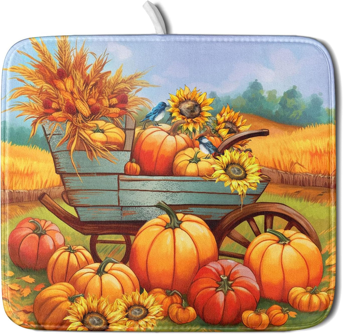 Thanksgiving Autumn Harvest Pumpkin Dish Drying Mat for Kitchen Counter,Sunflowers and Cart Drying Mat 16 x 18 Inch Microfiber Dish Drying Pad Ear of
