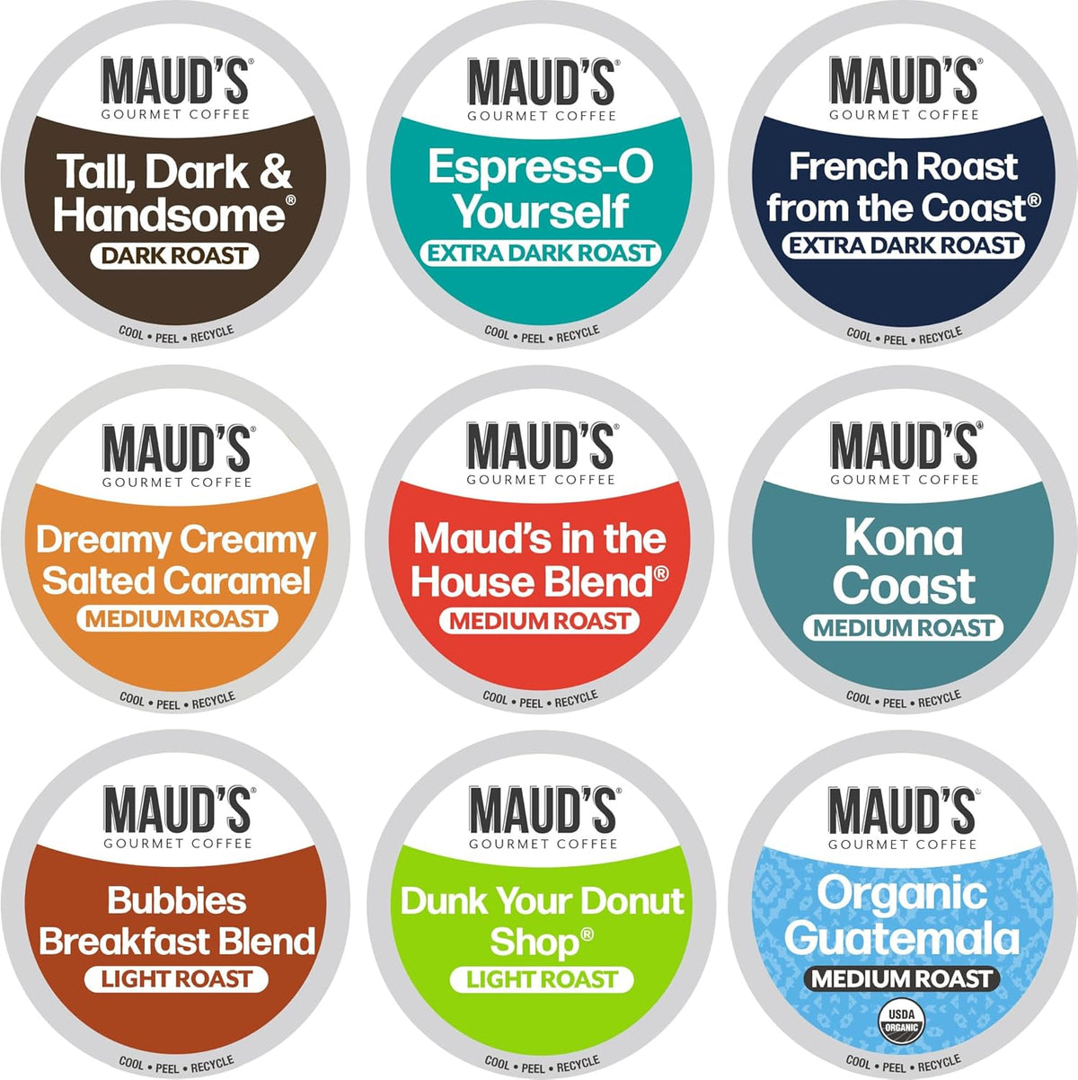 Maud's Original Coffee Pods Variety Pack, 80 ct, 9 Assorted Roasts, Dark & Medium Roast Coffee in Recyclable Single Serve Pods – 100% Arabica Coffee