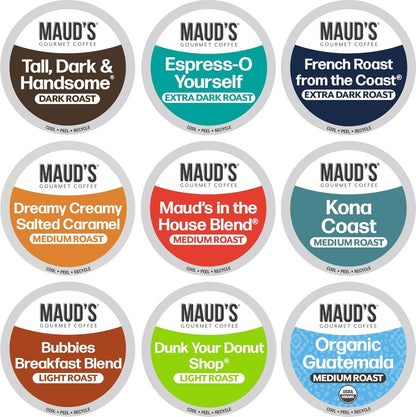 Maud's Original Coffee Pods Variety Pack, 80 ct, 9 Assorted Roasts, Dark & Medium Roast Coffee in Recyclable Single Serve Pods – 100% Arabica Coffee
