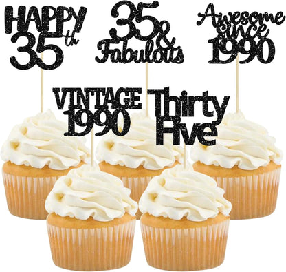 Gyufise 30 Pack Vintage 1989 Cupcake Toppers Black Glitter Thirty Five Happy 35 Cake Decorations Cheers to 35 Years Birthday Cupcake Picks 35th