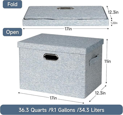 Graciadeco Large 17" 36 Quart Collapsible Stackable Storage Bins with Lids, 3 Packs Blue-Grey Linen Fabric Closet Boxes with Lids, Storage Cube Baskets Container Organizers for Bedroom (17x12x11)