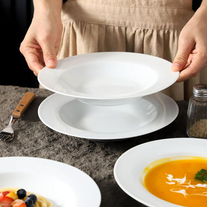 fMBB Ceramic Soup Bowls Shallow Plates, 4 Pack White Dinner Bowls Plates, Porcelain Wide Rim, 8.5 Inch (8.5 oz) Shallow Bowls - Ideal for Soup