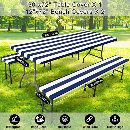 Smiry Picnic Table Cover with Bench Covers, Waterproof Elastic Fitted Tablecloth for 6 Foot Tables, Washable Polyester Tablecloths for Camping, Indoor & Outdoor (Navy Stripe, 30x72 Inch 3-pc Set)