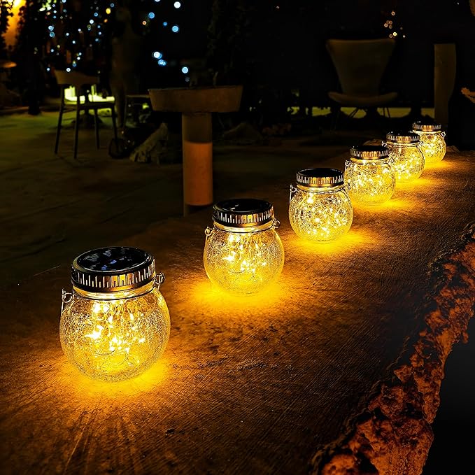 Cooo 2 Pack Crackle Glass Solar Lantern with 30 LED Firefly Lights– Waterproof Outdoor Hanging Lamp 215% Larger Solar Panel, Anti-Rust Lids Decorative Lighting for Garden Patio Table