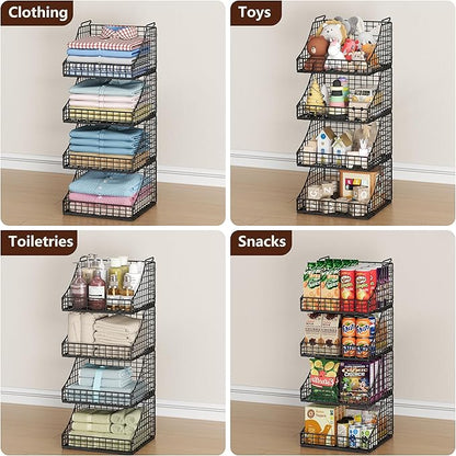 Lyuwanxian 4-Pack Stackable Wire Baskets for Closet Organizers and Storage, Open Storage Bins for Clothes, Toys, and Snacks - Rustic Metal Closet Organizer and Shelves in Black