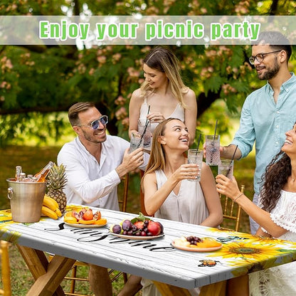 Sunflower Picnic Table Cover with Bench Covers Camping Essentials Wooden Grain Outdoor Table Covers with Elastic Waterproof Fitted Tablecloth for RV Picnic Travel