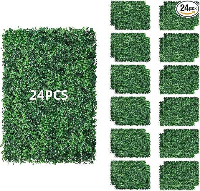 24x16 Inch Artificial Boxwood Panels (24-Pack) - UV Protected Faux Grass Wall Mats for Outdoor Fence Cover, Garden Privacy Screen, Indoor Wall Decor, and Wedding Backdrops