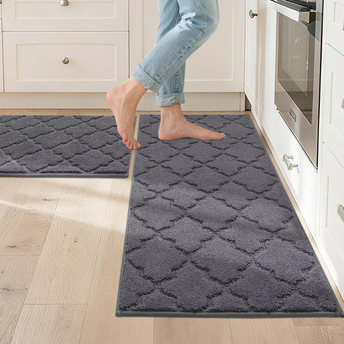JSEI Kitchen Rugs, Non-Slip Kitchen Mats for Floor, Soft Washable Absorbent Kitchen Mats 2 Pieces, Kitchen Carpet Runner with TPR Backing, Polyester, 20”x32”+20”x48”, Dark Grey
