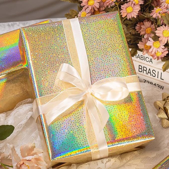 Burymento Golden Wrapping Paper Roll, Metallic Holographic Star Gift Wrap for Birthday, Valentines, Mothers day, Graduation, Wedding, Fathers day, Baby Shower, Christmas (17 IN x 32.8 FT)