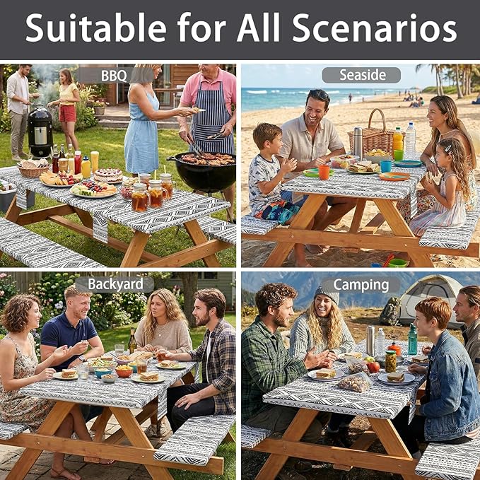 Picnic Table Cover with Bench Covers Fitted Waterproof Large Camping Tablecloth with Elastic for 8 Foot Tables Outdoor Travel RV Essentials Summer Vacation Accessories Fun Gifts for Couples