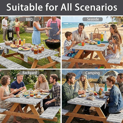 Picnic Table Cover with Bench Covers Fitted Waterproof Large Camping Tablecloth with Elastic for 8 Foot Tables Outdoor Travel RV Essentials Summer Vacation Accessories Fun Gifts for Couples