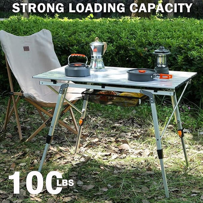 JOUYEK Folding Outdoor Camping Table with Adjustable Legs, Lightweight Aluminum Roll Up Camp Table with Carrying Bag, Mesh Storage Organizer, for Cooking, Picnic, Beach, Backyards, BBQ, Party