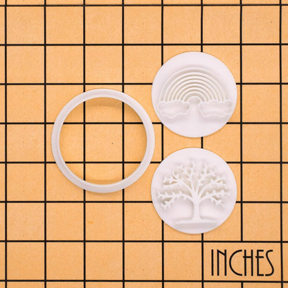 Bakerlogy New Beginnings - Mini 2" Cookie Cutter & Stamp Set - Rainbow & Lush Tree Design for Easter & Spring Cookies, Cupcakes & Fondant Decorations