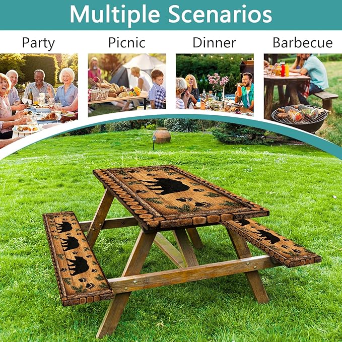 Forest Theme Picnic Table Cover with Bench Covers 6FT, Camping Essentials, Wood Grain Bear Waterproof Windproof Oilproof, Fitted Tablecloth Cover with Elastic Edge for Outdoor Garden 3 PCS 30x96 Inch