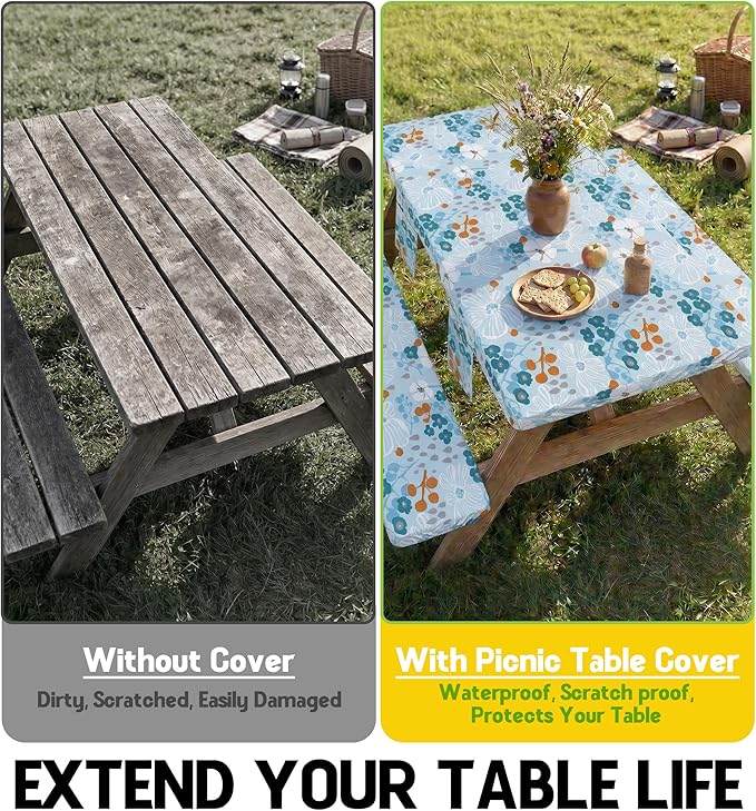 Picnic Table Cover with Bench Covers Tablecloth Glamping Essentials Travel Vacation Table Cloth Outdoor Cool Unique Fun Ideas Gifts for Camper Camping Lovers RV Owner Family Couple Women Female Mom