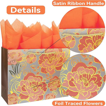 13" Large Rose Gold Gift Bag Set with Greeting Card and Orange Tissue Paper for celebrating birthdays,Mother's Day,Christmas,weddings,anniversaries,and more-13"x10.1"x5.2",1 Pcs.
