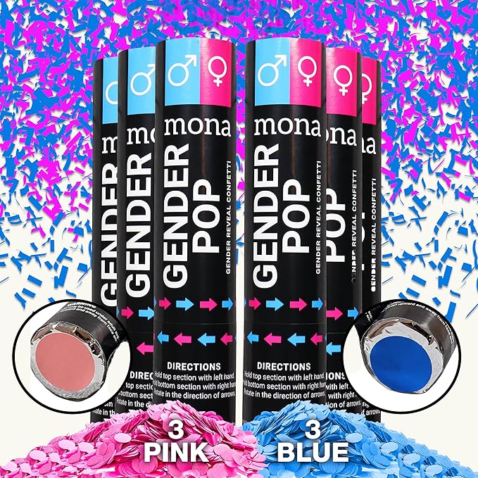 Mona Gender Reveal Confetti Cannon - 6-Pack (3 Blue, 3 Pink) - Gender Reveal Confetti, Baby Gender Reveal Party Supplies Kit, Great Gender Reveal Ideas