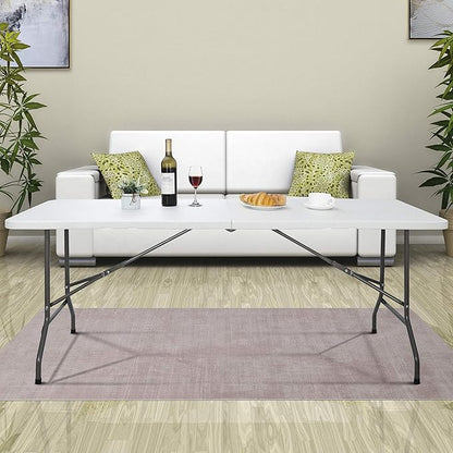 6 FT Folding Table, Fold in Half, Heavy Duty Portable Plastic w/Handle for Picnic Party Camping Dining Indoor Outdoor - Lightweight White