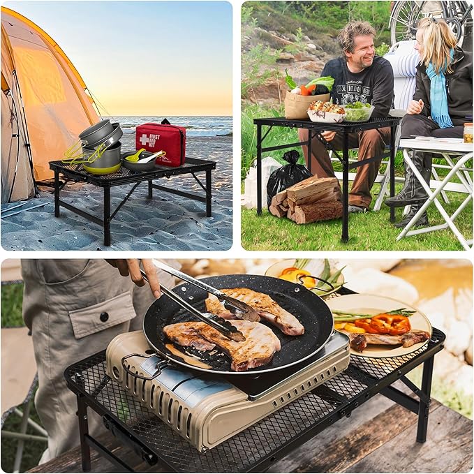 Folding Grill Table Camping Table with Mesh Desktop, Lightweight & Portable Outdoor Picnic Table, Height Adjustable Portable for Outside Inside Use