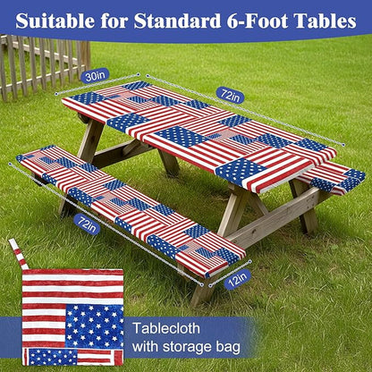 Picnic Table Cover with Bench Covers Windproof Waterproof Picnic Table Covers Camping Tablecloth with Self-Storage Bag, 72in, Multi Flag Patchwork