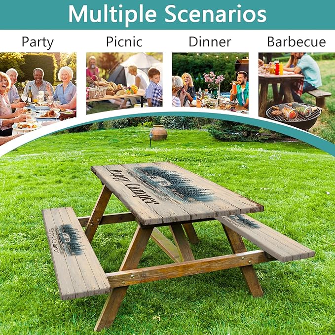 JAWO Happy Camper Picnic Table Cover - Fitted Tablecloth with Elastic Edge,Camping Design for Outdoor Camping, BBQ Decor, 72x30 Inch
