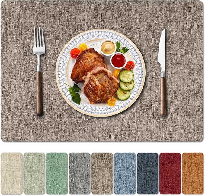 Faux Leather Heat Resistant Placemats Set of 6 – Waterproof Oilproof Wipeable Dining PU Vinyl Place Mat Easy Clean Table Mats for Kitchen/Dining/Party/Holiday, Khaki