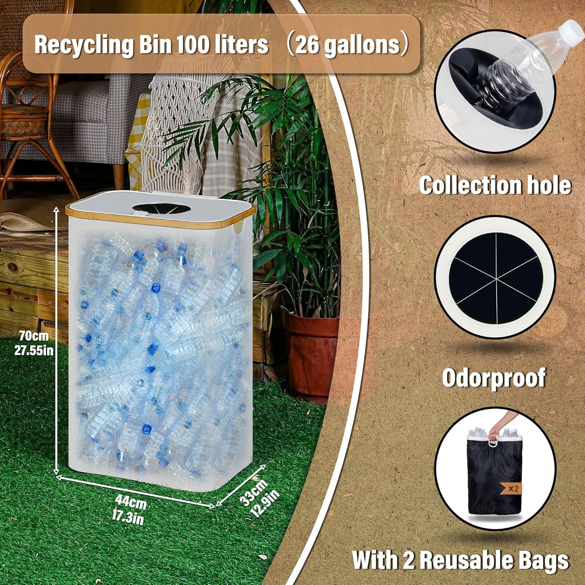 efluky Recycling Bin 100L, 26 Gallon Recycle Bins for Kitchen Indoor Outdoor Home with 2 Removeable and Reusable Inner Bag, Tall Recycle bin for Bottle Can Plastice Stickers (Beige)