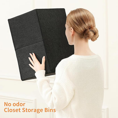 linen closet organizers and storage, 3 Pack Large Storage Baskets, Washable, Clothing Storage Bins with Handle, Closet Organizer for Storage Sweater,Sheets (Black, 18½"x11"x8½")
