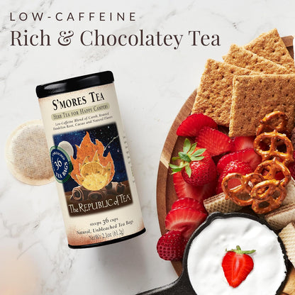 The Republic of Tea S'mores Herbal Tea, Caffeine Free, 36 Count | Suitable for day or evening . Smooth and rounded with notes of cocoa richness and roasted root. Gluten Free and Kosher.