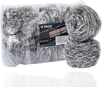 Brheez Stainless Steel Cleaner Scouring Pads [12 Pack] - Industrial & Commercial Strength Large Cleaning Supplies Dish Sponge - Individually Wrapped 30 Gram