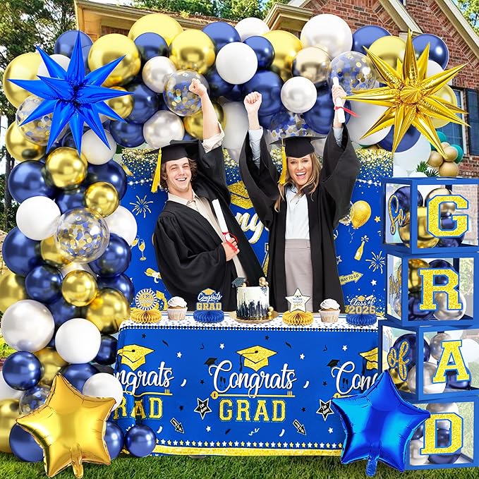 Graduation Decorations Class of 2026 Congrats Grad 2026 Party Supplies Include Backdrop Tablecloth Balloon Boxes with Letters Honeycomb Centerpieces Balloon Arch Kit Foil Balloons (Blue and Gold)