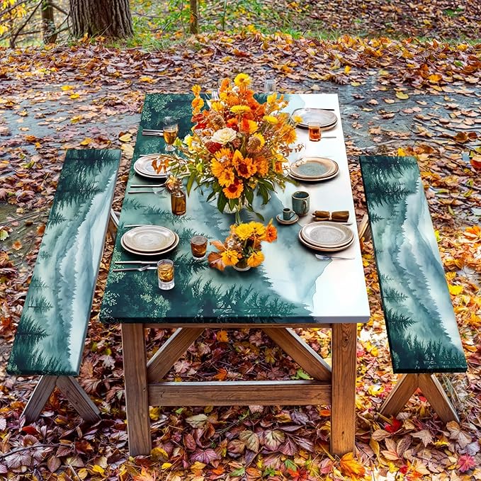 JAWO Green Forest Picnic Table Cover - Fitted Tablecloth with Elastic Edge,Camping Design for Outdoor Camping, BBQ Decor, 60x30 Inch