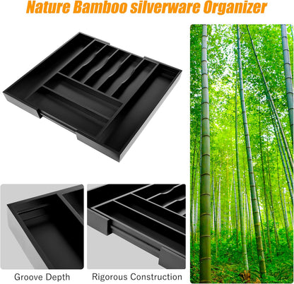 Bellsal Large Premium Bamboo Silverware Organizer - Expandable Utensil Drawer Organizer - 17"x19.6" Utensil Holder and Cutlery Tray with Grooved for Kitchen Flatware and Utensils(7-9 Slot, Black)