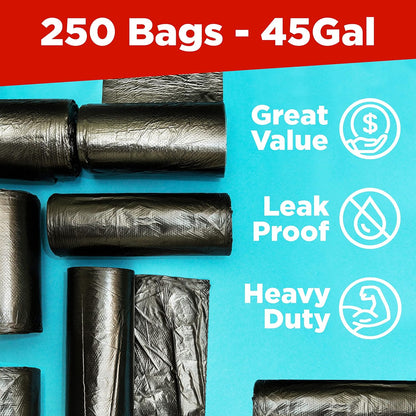 ToughBag 40-45 Gallon Trash Bags Heavy Duty (250 Count) | Black Garbage Bags | Made In USA