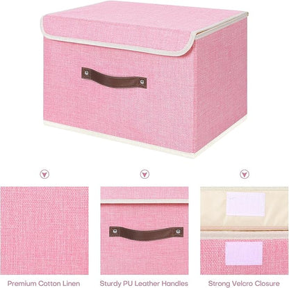 ANMINY 4PCS Storage Bins with Lid PU Leather Handles Storage Boxes PP Plastic Board Decorative Foldable Lidded Cotton Linen Fabric Home Cubes Baskets Closet Organizer Containers - Pink, Large Size