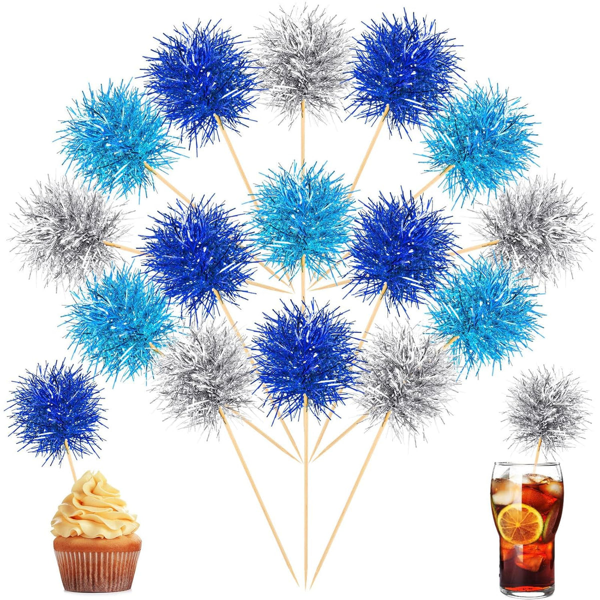 Chinco 100 Pcs Foil Firework Cupcake Toppers Sparkle Tinsel Cake Toppers Cake Decoration Cocktail Fruit Toothpick for Birthday Wedding Graduation Party(Dark Blue, Light Blue, Silver)
