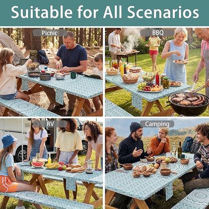 Fitted 6Ft Picnic Table Cover with Chair Covers Elastic Polyester Stain Resistant Reusable Camping Table Cloth Patio Glamping Equipment Hiking Rv Outdoor Necessities Gifts for Grandma Grandpa
